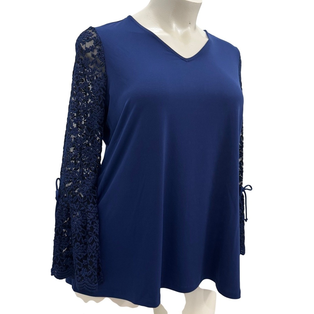 Susan Graver Lace Bell Sleeve Blouse Top V-Neck Flowy Boho Romantic Chic Blue XL - Picture 3 of 11